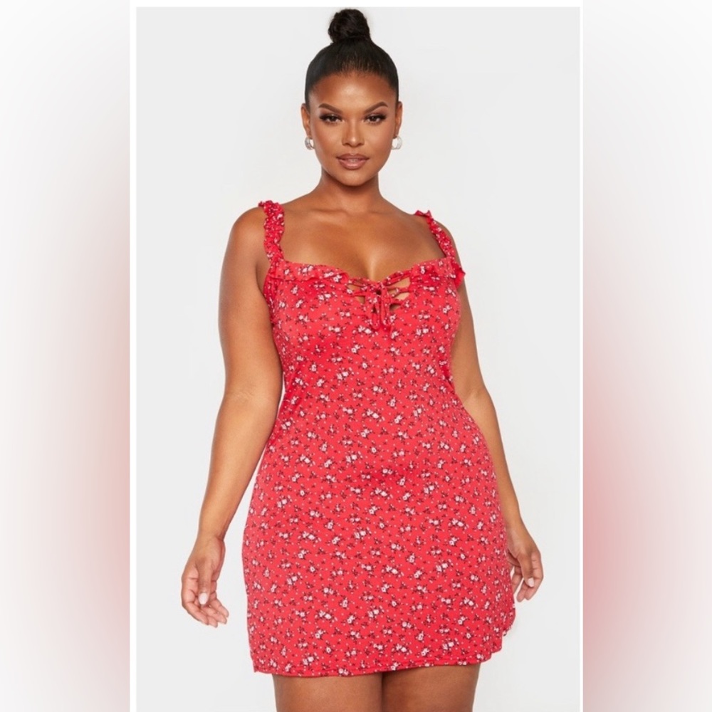 Pretty Little Thing Red Floral Mini Dress Sz 18